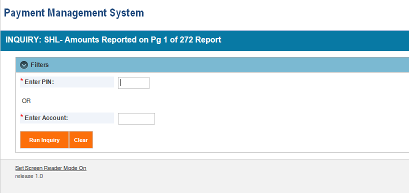 Screen shot of the APEX report screen for an SHL report, showing the report parameter entry area.
