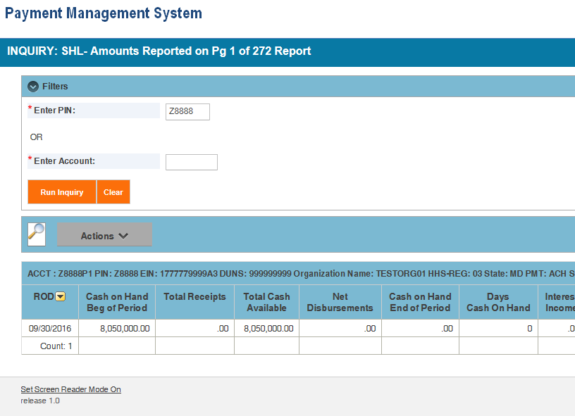 Screen shot of the APEX report screen displaying the SHL report information.