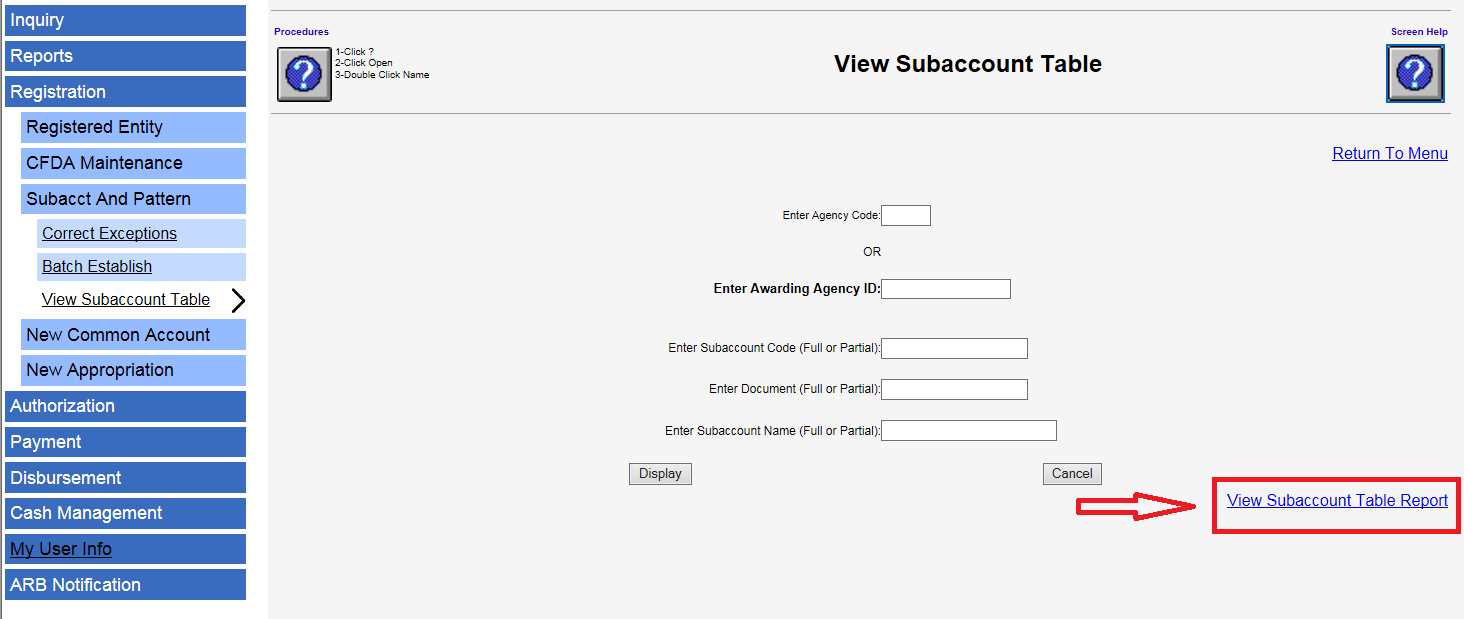 Screen shot of the PMS View Subaccount Table page with the View Subaccount Table Report link in the lower right corner highlighed with a red box.