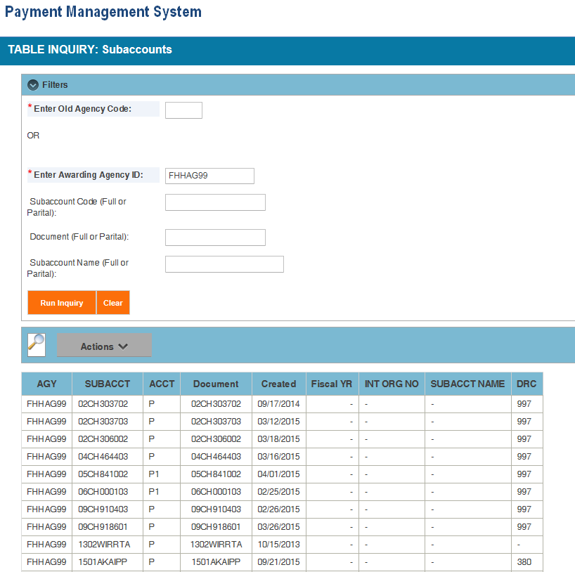 Screen shot of the APEX report screen displaying the Subaccount Table report information.
