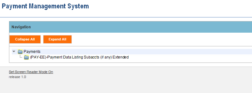 Screen shot of the APEX report screen listing the (PAY-EE) Payment Data listing subaccounts report.