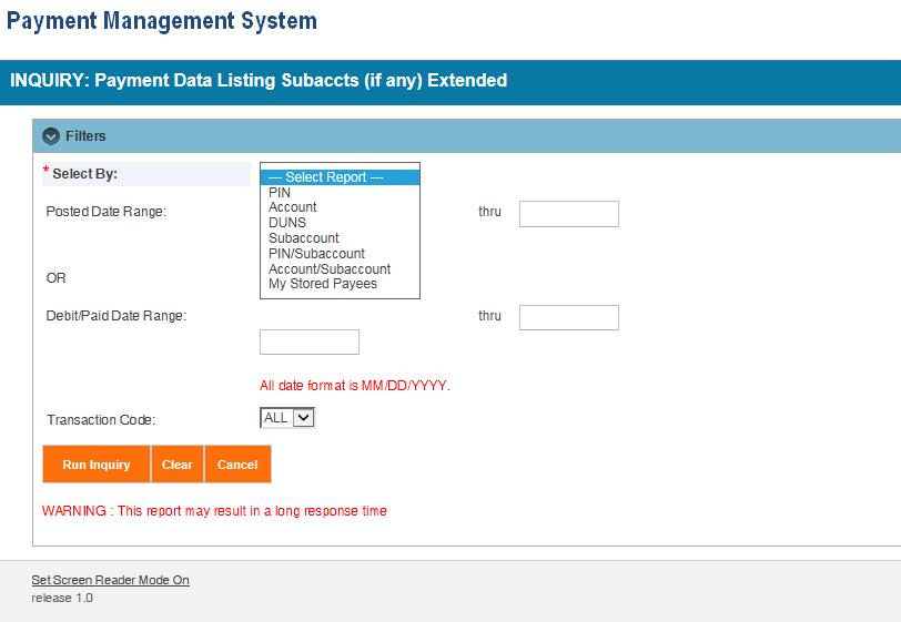 Screen shot of the APEX report screen for a (PAY-EE) Payment Data Listing Subaccounts report, showing the parameter entry area.