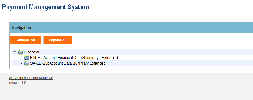 Screen shot of the APEX report screen listing a link for the (FIN E) Account Financial Data Summary report and the (SA-EE) Subaccount Data Summary Extended report.