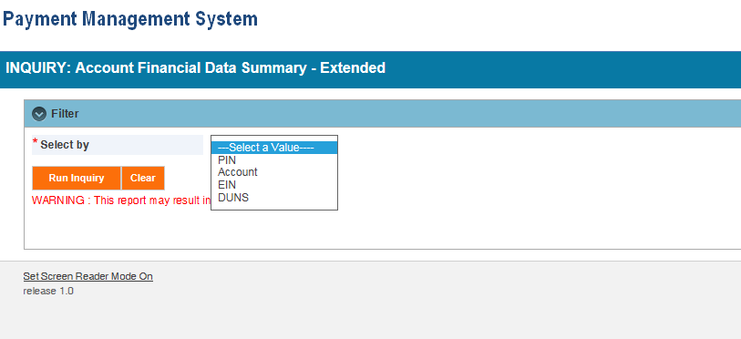 Screen shot of the APEX report screen for a (FIN E) Account Financial Data Summary report, showing the parameter entry area.