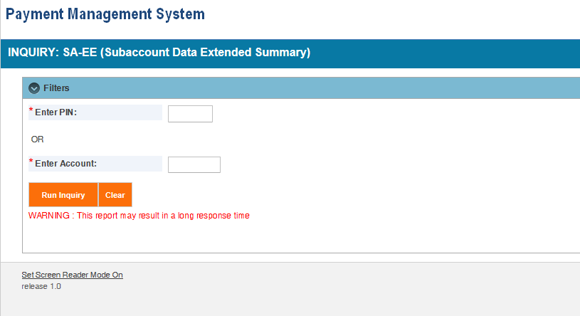 Screen shot of the APEX report screen for a (SA-EE) Subaccount Data Summary Extended report, showing the parameter entry area.
