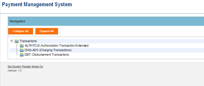Screen shot of the APEX report screen listing links for the AUTHTC-E Authorization Transaction Extended report, the CHG-ADV (Charging Transaction) report, and the DBT Disbursement Transactions report.