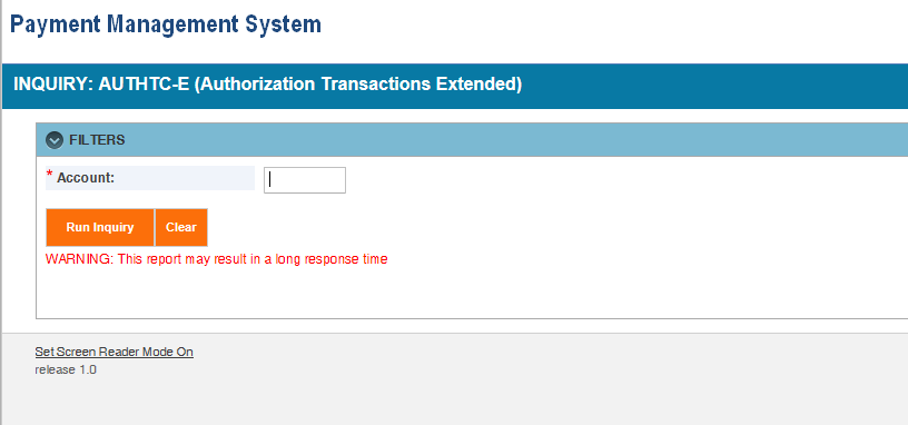 Screen shot of the APEX report screen for a AUTHTC-E-Authorization Transaction Extended report, showing the parameter entry area.