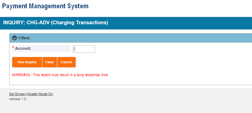 Screen shot of the APEX report screen for a CHG-ADV (Charging Transactions) report, showing the parameter entry area.