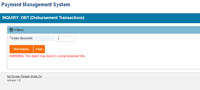 Screen shot of the APEX report screen for a DBT - Disbursement Transactions report, showing the parameter entry area.
