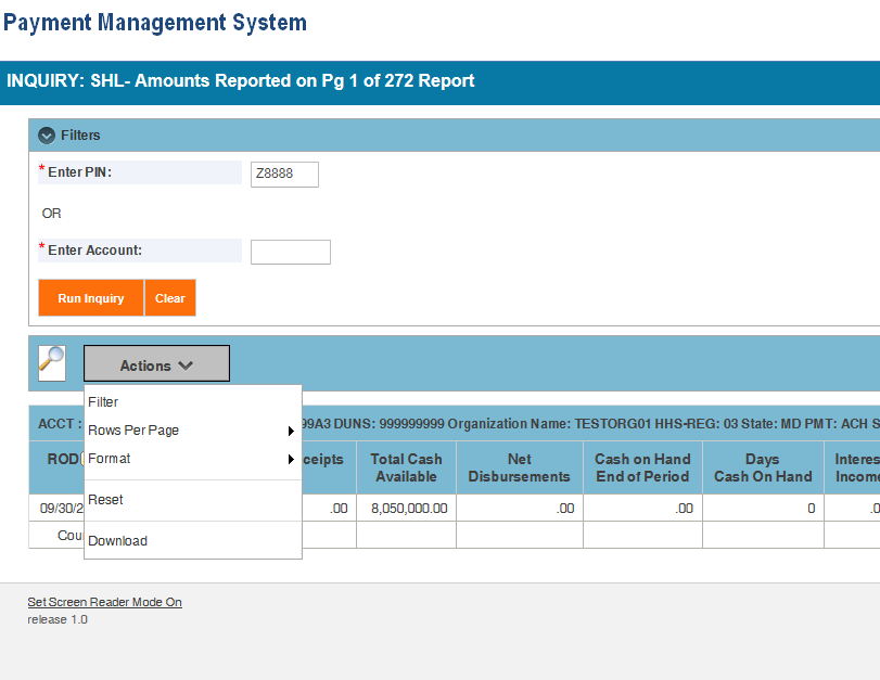 Screen shot of the APEX report screen displaying the SHL report information with the Actions drop down box open to show the Download menu option.