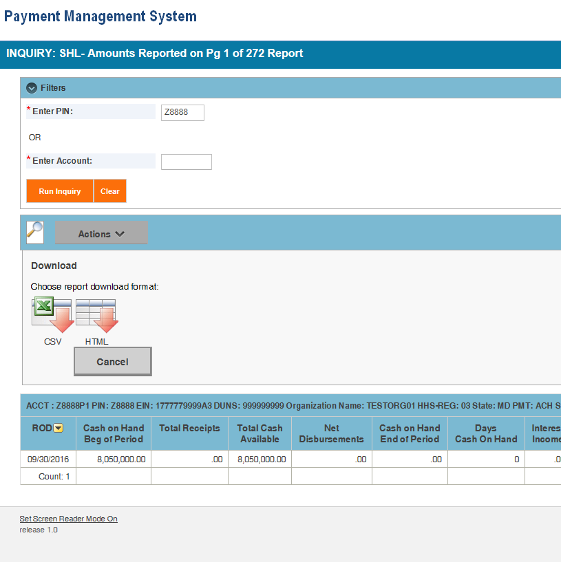 Screen shot of the APEX report screen displaying the SHL report information, after selecting download from the menu, with the CSV and HTML download options