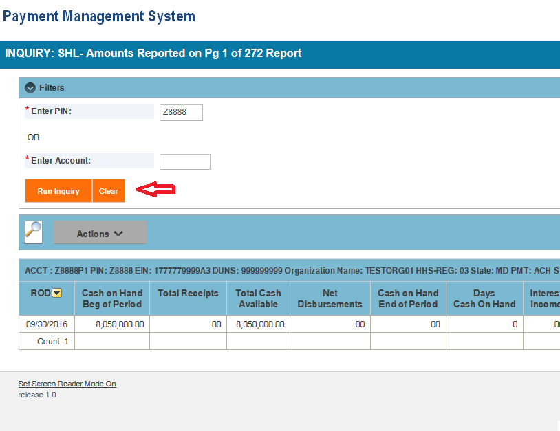 Screen shot of the APEX report screen displaying the SHL report information with a red arrow pointing at the Clear button.
