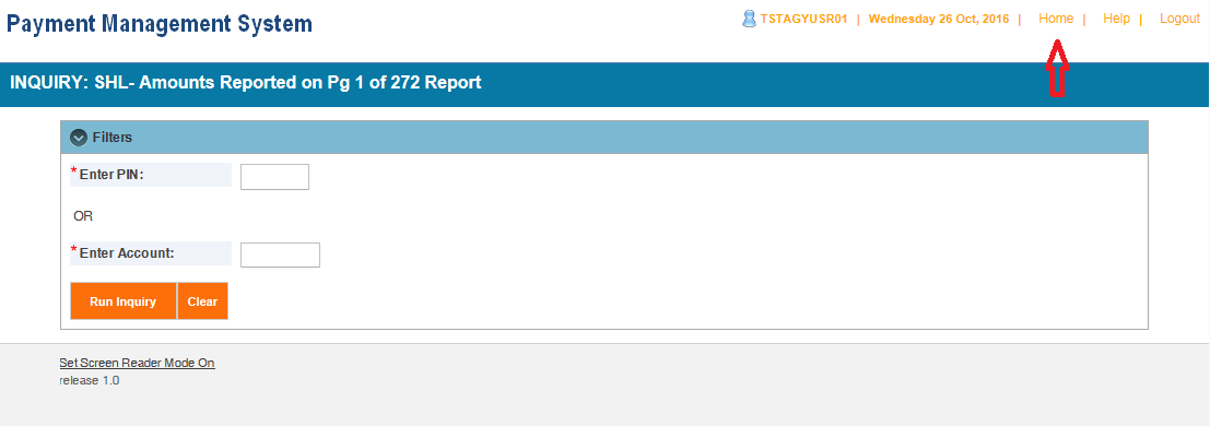 Screen shot of the APEX report screen displaying the SHL report parameter entry area, with a red arrow pointing at the Home link.