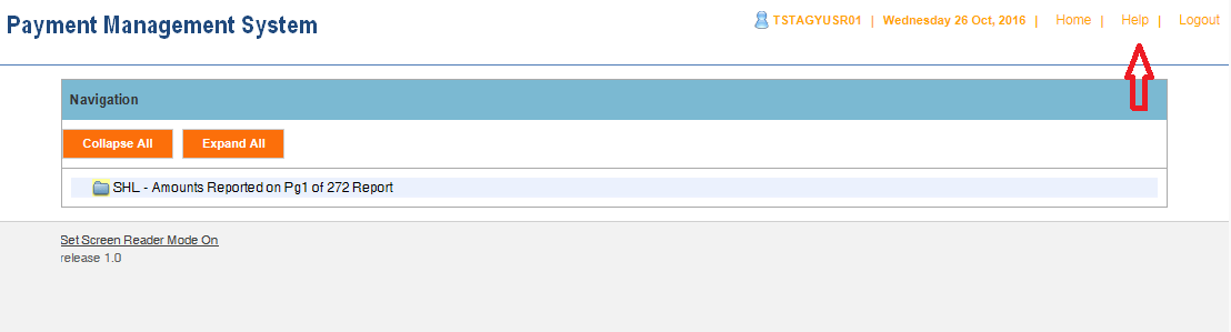 Screen shot of the APEX report screen displaying the SHL report link, with a red arrow pointing at the Help link.