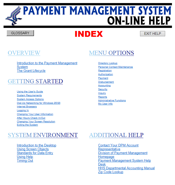 Screen shot of the Payment Management System On-Line Help web page.