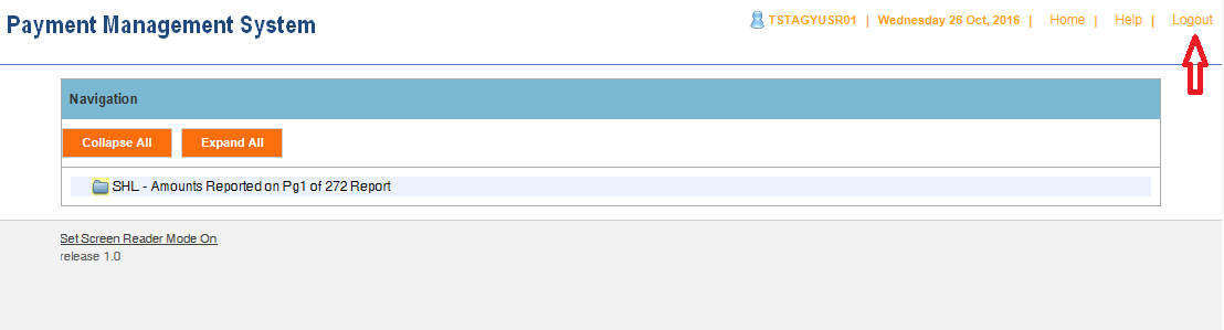 Screen shot of the APEX report screen displaying the SHL report link, with a red arrow pointing at the Logout link.