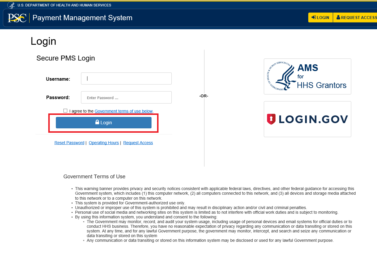 PMS Secure Login box screen shot, with the Login button highlighted with a red box.