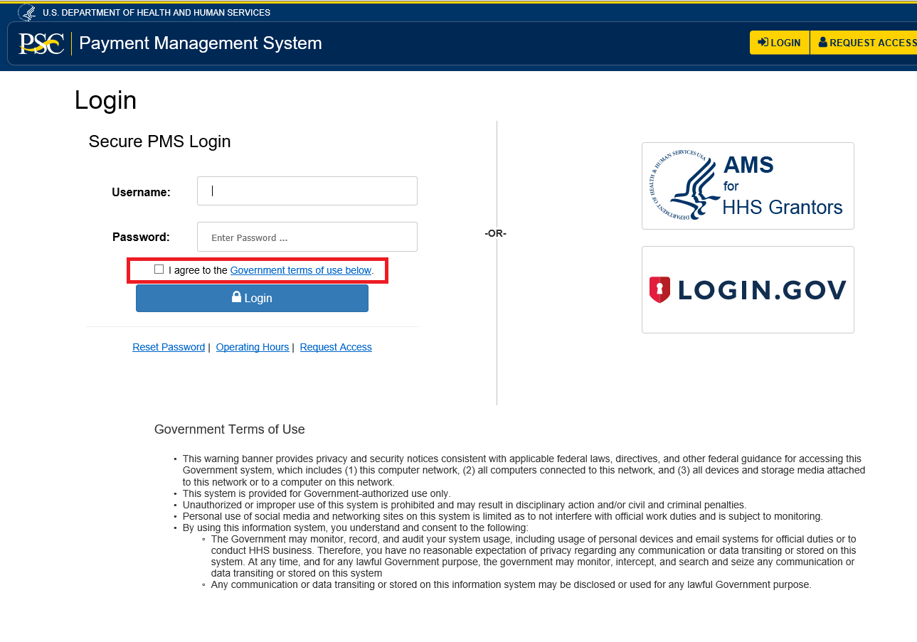PMS Secure Login box screen shot, with the I agree to the Government terms of use check box highlighted with a red box.