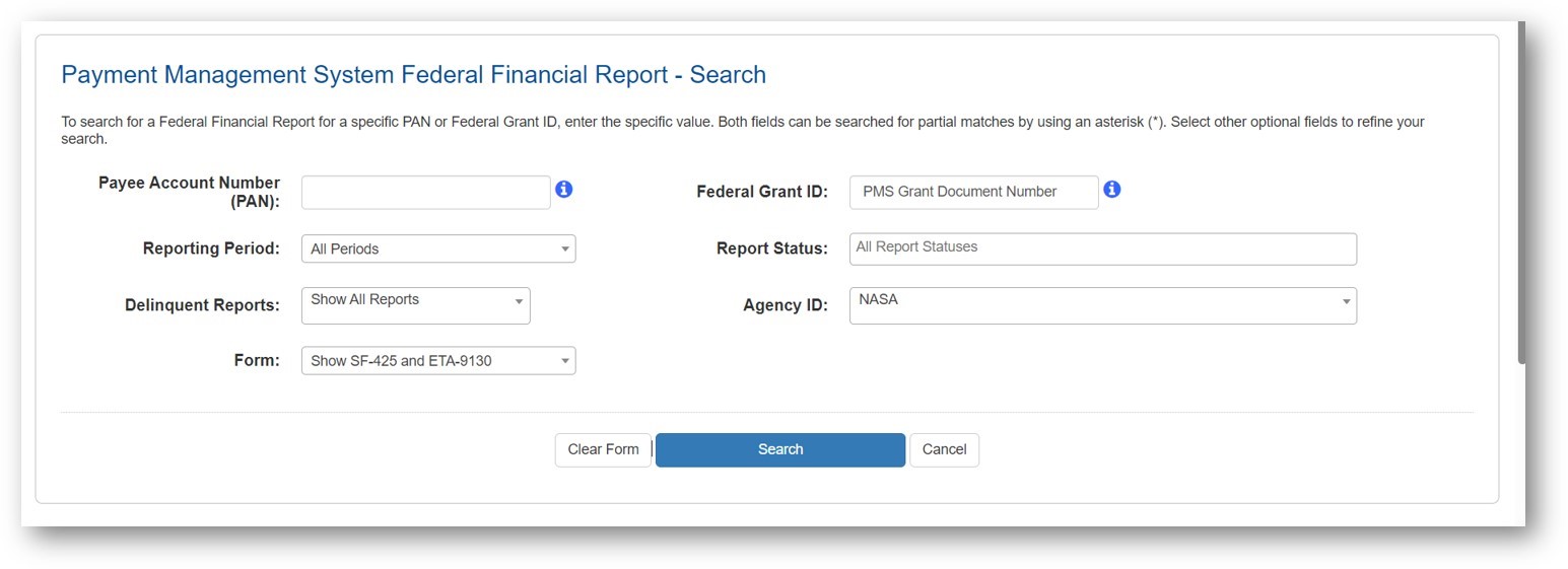 Payment Management System Federal Financial Report Search Screen